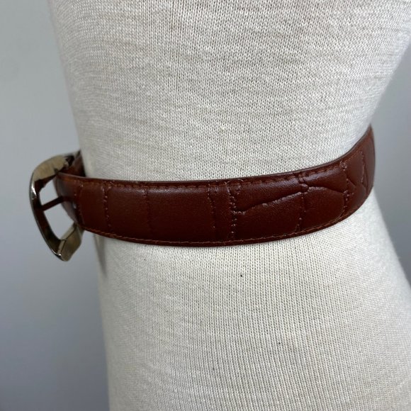 Brown Genuine Leather Textured Belt Silver Tone Buckle 34" Total Made in Taiwan - Picture 4 of 8